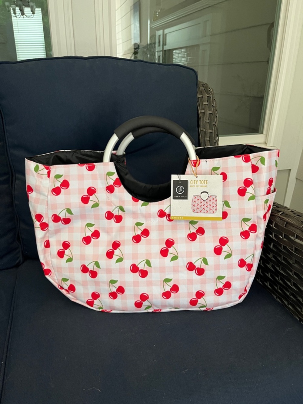 Cherry-Print Pink Plaid Tote Bag with Round Grip Handles
